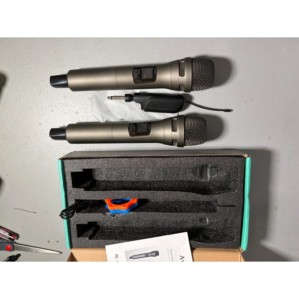 Aveek Wireless Dynamic Microphone System Dual Handheld Grey Karaoke Party Set
